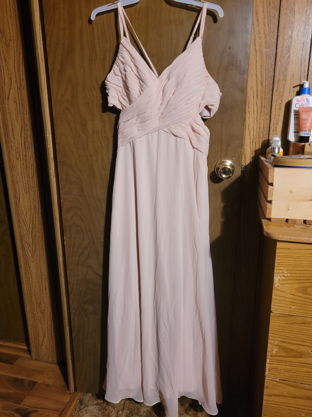 Soft Blush Spaghetti-Strap V-Neck Bridesmaid Gown